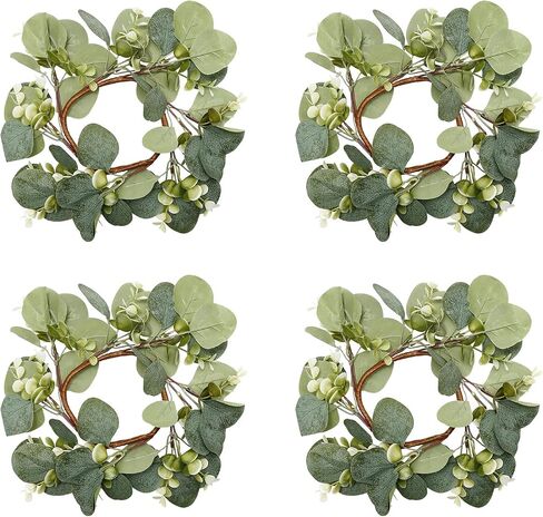 4 Pcs Candle Rings Artificial Eucalyptus Leaves Wreaths 10 Inch Candle Rings Wreaths Small Boho Wreath Pillar Candle Holder for Wedding Home Door Tabletop Decoration (Elegant Eucalyptus Leaf) in Saudi Arabia