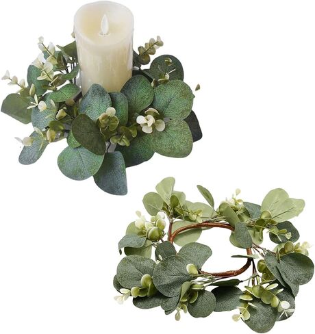 4 Pcs Candle Rings Artificial Eucalyptus Leaves Wreaths 10 Inch Candle Rings Wreaths Small Boho Wreath Pillar Candle Holder for Wedding Home Door Tabletop Decoration (Elegant Eucalyptus Leaf) in Saudi Arabia