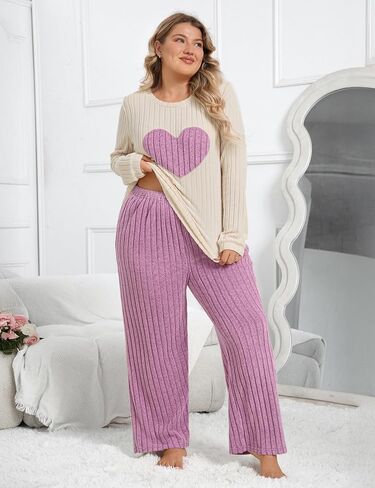طقم بيجامة حريمي من Blooming Jelly مقاس كبير مكون من قطعتين مضلع على شكل قلب مطبوع PJS صوف بأكمام طويلة وجيوب ملابس نوم in Saudi Arabia