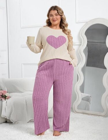 طقم بيجامة حريمي من Blooming Jelly مقاس كبير مكون من قطعتين مضلع على شكل قلب مطبوع PJS صوف بأكمام طويلة وجيوب ملابس نوم in Saudi Arabia