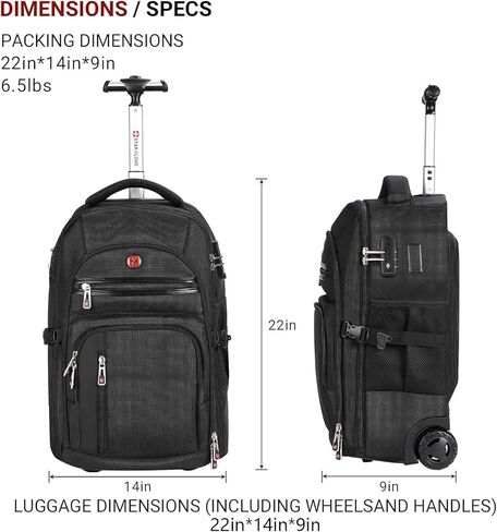 Rolling Backpack with Wheels, USB & Type-C Charging Ports, 21x14x9, Water-Resistant, 17.3" Laptop Compartment, EVA Material, Built-In Customs Lock – Wheeled Business Backpack for Travel, Work, College in Kuwait