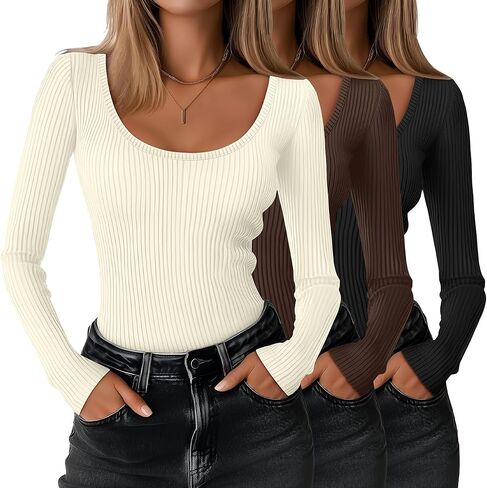 Huukeay 3 Pack Women's Long Sleeve Thermal Shirts, Scoop Neck Slim Fit Underwear Tops T Shirts Baselayer Tops in Kuwait