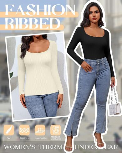 Huukeay 3 Pack Women's Long Sleeve Thermal Shirts, Scoop Neck Slim Fit Underwear Tops T Shirts Baselayer Tops in Kuwait