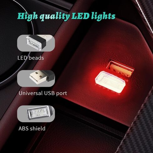 4PCS USB LED Car Interior Atmosphere Lamp, Plug-in USB Decor Night Light, Portable Auto Ambient Lighting Kit, Universal Vehicle Interior Accessories Mini USB LED Light for Most Cars Red in Saudi Arabia