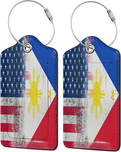 Philippine Flag and American Flag 2-Pack Leather Luggage Tag Set, Travel Luggage Tags with Privacy Id Label, Stainless Steel Ring and Address Card for Men and Women Travel in Kuwait