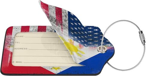 Philippine Flag and American Flag 2-Pack Leather Luggage Tag Set, Travel Luggage Tags with Privacy Id Label, Stainless Steel Ring and Address Card for Men and Women Travel in Kuwait