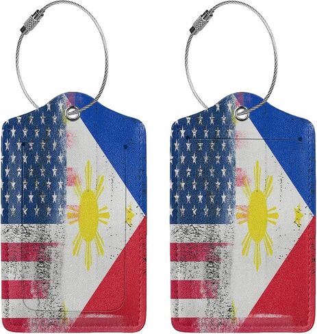 Philippine Flag and American Flag 2-Pack Leather Luggage Tag Set, Travel Luggage Tags with Privacy Id Label, Stainless Steel Ring and Address Card for Men and Women Travel in Kuwait