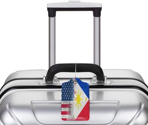 Philippine Flag and American Flag 2-Pack Leather Luggage Tag Set, Travel Luggage Tags with Privacy Id Label, Stainless Steel Ring and Address Card for Men and Women Travel in Kuwait