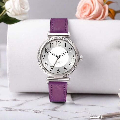 NUOVO Women's Watch Ladies Quartz Watch with Crystal Accents Purple Leather Band Silver Dial in Saudi Arabia