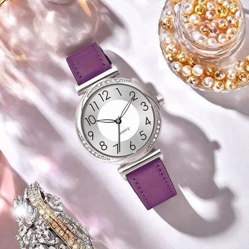 NUOVO Women's Watch Ladies Quartz Watch with Crystal Accents Purple Leather Band Silver Dial in Saudi Arabia