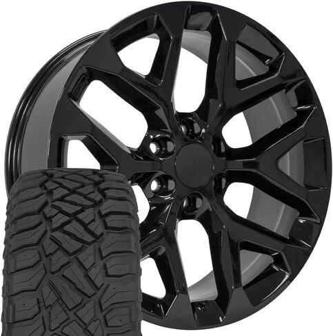 OE Wheels CV98B 22 Inch Rims and Tires Fit Silverado 1500 Snowflake Style 6x139.7 22x9 Gloss Black - Hollander 5668 - TerraMax RT 285/45-22 (Set of 4) in Saudi Arabia