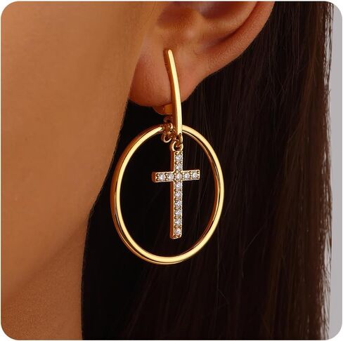 18K Gold Plated Hoop Cross Earrings for Women, Nickel-Free & Hypoallergenic, Lightweight Rhinestone Sparkly Cross Dangle Earrings, 1.79 Inch in Saudi Arabia