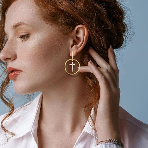 18K Gold Plated Hoop Cross Earrings for Women, Nickel-Free & Hypoallergenic, Lightweight Rhinestone Sparkly Cross Dangle Earrings, 1.79 Inch in Saudi Arabia