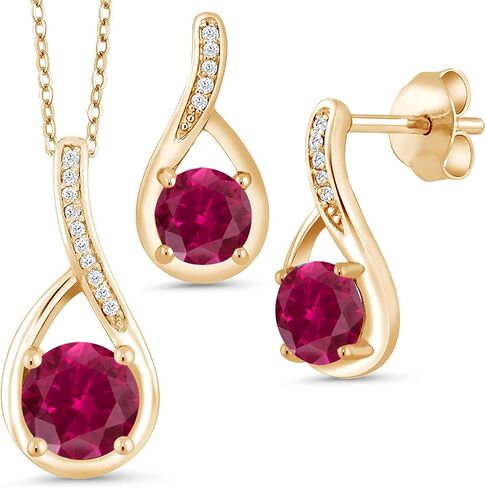 Gem Stone King 18K Yellow Gold Plated Silver Red Created Ruby and Diamond Pendant and Earrings Jewelry Set For Women | 2.34 Cttw | With 18 Inch Chain | Fine Jewelry Gifts for Her Mom Women Wife in Saudi Arabia