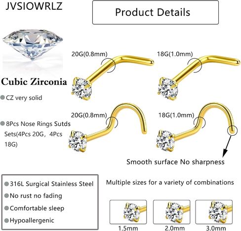 Nose Rings Studs for Women Men: Hypoallergenic Gold Silver 316L Surgical Stainless Steel Septum L Shape/Corkscrew Nose Studs Body Piercing Jewelry Tragus Conch 20G 18G in Saudi Arabia