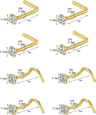Nose Rings Studs for Women Men: Hypoallergenic Gold Silver 316L Surgical Stainless Steel Septum L Shape/Corkscrew Nose Studs Body Piercing Jewelry Tragus Conch 20G 18G in Saudi Arabia