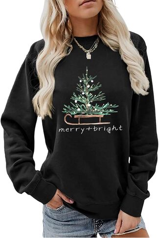 Merry and Bright Women Sweatshirt Funny Tree Graphic Tops Christmas Long Sleeve Shirt Crewneck Pullover in Saudi Arabia