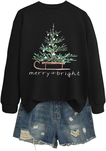 Merry and Bright Women Sweatshirt Funny Tree Graphic Tops Christmas Long Sleeve Shirt Crewneck Pullover in Saudi Arabia