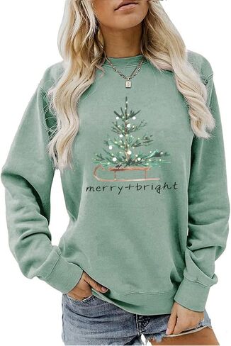 Merry and Bright Women Sweatshirt Funny Tree Graphic Tops Christmas Long Sleeve Shirt Crewneck Pullover in Saudi Arabia