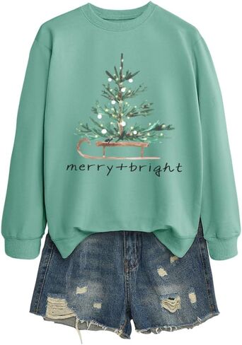 Merry and Bright Women Sweatshirt Funny Tree Graphic Tops Christmas Long Sleeve Shirt Crewneck Pullover in Saudi Arabia