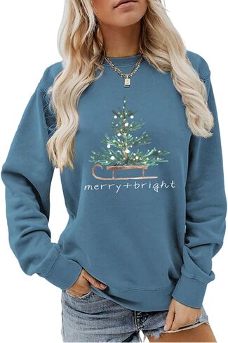Merry and Bright Women Sweatshirt Funny Tree Graphic Tops Christmas Long Sleeve Shirt Crewneck Pullover in Saudi Arabia