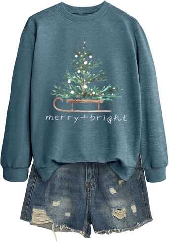 Merry and Bright Women Sweatshirt Funny Tree Graphic Tops Christmas Long Sleeve Shirt Crewneck Pullover in Saudi Arabia