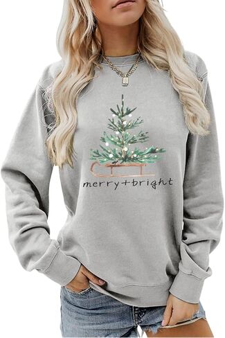 Merry and Bright Women Sweatshirt Funny Tree Graphic Tops Christmas Long Sleeve Shirt Crewneck Pullover in Saudi Arabia