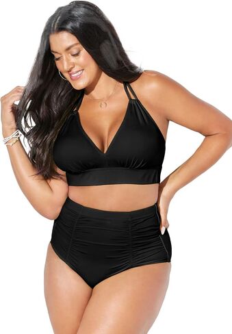 Swimsuits For All Loop Strap Halter Shirred High Waist Bikini Set in Saudi Arabia