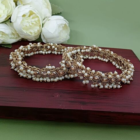 Efulgenz Indian Kundan Bangles Bridal Tear Drop Crystal Bangles with Faux Pearl Charms Beaded Bracelet Set Antique Finish Boho Bohemian Bridal Wedding Jewelry Indian Bangle Set for Women in Saudi Arabia