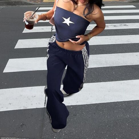 Women's Baggy Parachute Pants Wide Leg Y2k Track Pants Elastic Waisted Side Striped Pants Casual Streetwear in Saudi Arabia
