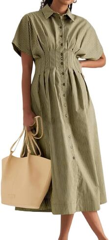 chouyatou Women's Contrast Color Striped Shirt Dress Pleated Button Down Maxi Long Tunic Dress in Saudi Arabia
