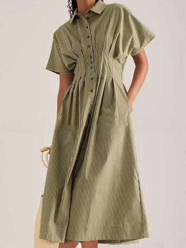 chouyatou Women's Contrast Color Striped Shirt Dress Pleated Button Down Maxi Long Tunic Dress in Saudi Arabia