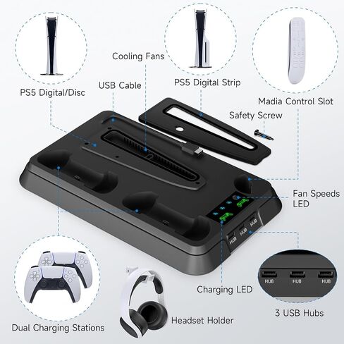 محطة التبريد PS5 ، PS5 Pro Stand مع شاحن مزدوج لـ PlayStation 5 مع 3 مستويات مروحة تبريد ، ومجموعات ملحقات PS5 ، حامل سماعات الرأس لـ PS5 الرقمية/القرص in Saudi Arabia