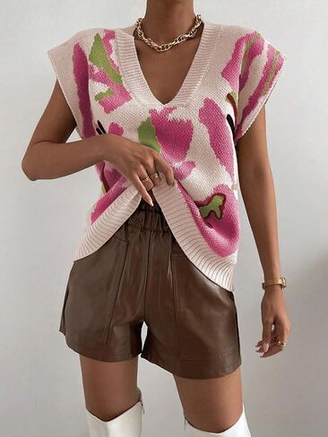 Women's Fall Cute Color Block Sleeveless Sweater Vest Vintage V-Neck Ribbed Knit Pullover Tank Tops in Saudi Arabia