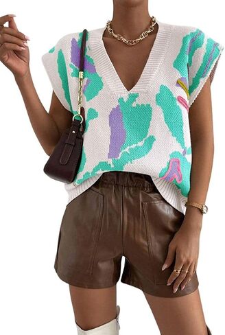 Women's Fall Cute Color Block Sleeveless Sweater Vest Vintage V-Neck Ribbed Knit Pullover Tank Tops in Saudi Arabia