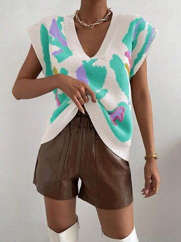 Women's Fall Cute Color Block Sleeveless Sweater Vest Vintage V-Neck Ribbed Knit Pullover Tank Tops in Saudi Arabia
