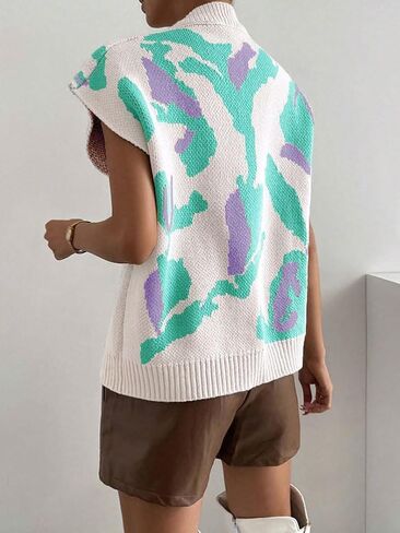 Women's Fall Cute Color Block Sleeveless Sweater Vest Vintage V-Neck Ribbed Knit Pullover Tank Tops in Saudi Arabia
