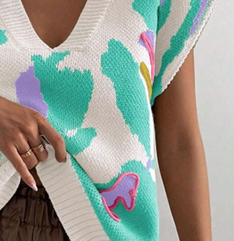 Women's Fall Cute Color Block Sleeveless Sweater Vest Vintage V-Neck Ribbed Knit Pullover Tank Tops in Saudi Arabia