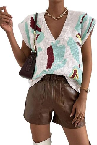 Women's Fall Cute Color Block Sleeveless Sweater Vest Vintage V-Neck Ribbed Knit Pullover Tank Tops in Saudi Arabia