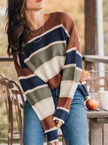 CUPSHE Womens Striped Sweaters Crewneck Long Sleeve Colorblock Casual Pullover Sweater Tops in Saudi Arabia