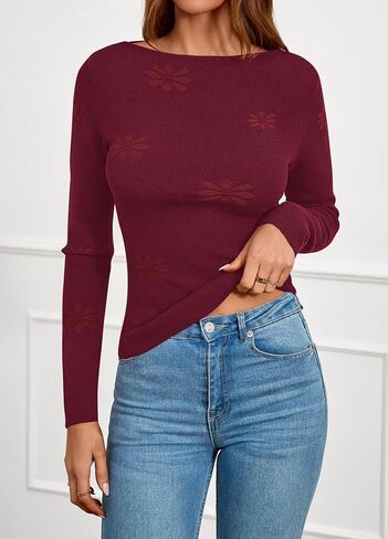 PRETTYGARDEN Long Sleeve Shirts for Women Casual 2025 Fall Knit Slim Fit Basic Lightweight Boat Neck Sweater Crop Tee Tops in Saudi Arabia