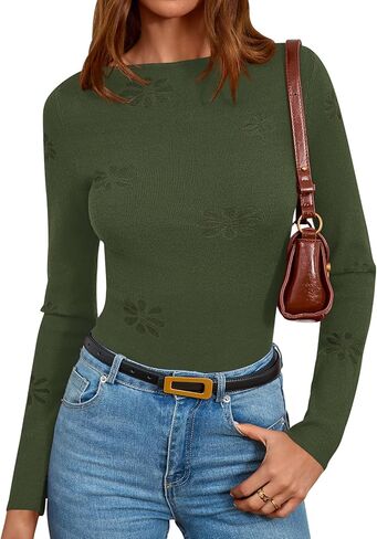 PRETTYGARDEN قمصان طويلة الأكمام للنساء عادية 2025 خريف متماسكة سليم صالح الأساسية خفيفة الوزن قارب الرقبة سترة المحاصيل المحملة القمم in Kuwait