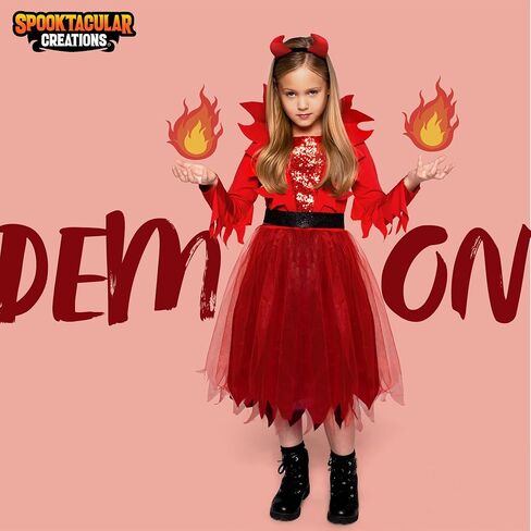 Spooktacular Creations Girls Devil Costume, Child Devil Dress with Demon Horn Headband for Kids Halloween Role Play Parties in Saudi Arabia