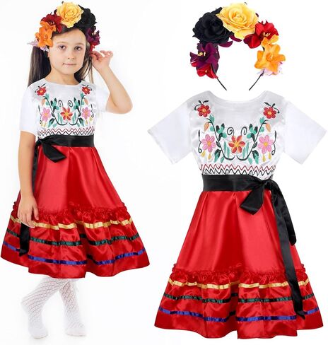 مجموعة أزياء مكسيكية تقليدية مكونة من 4 قطع من فستان رقص الفلامنكو للهالوين ووشم الوجه وعصابة رأس على شكل تاج على شكل زهرة in Kuwait