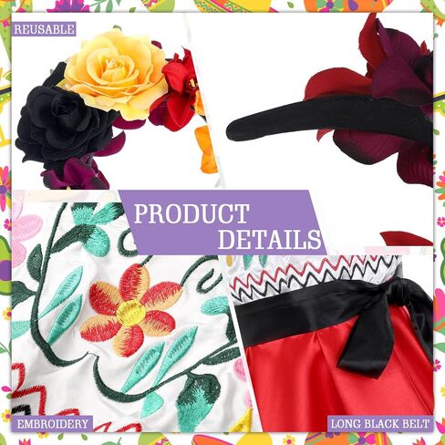 4 Pcs Mexican Traditional Costume Set Halloween Flamenco Dance Dress Face Tattoos Flower Crown Headband in Kuwait