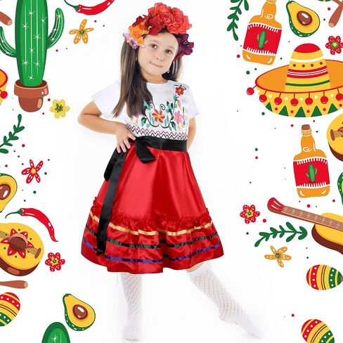 4 Pcs Mexican Traditional Costume Set Halloween Flamenco Dance Dress Face Tattoos Flower Crown Headband in Kuwait