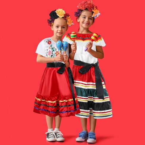 4 Pcs Mexican Traditional Costume Set Halloween Flamenco Dance Dress Face Tattoos Flower Crown Headband in Kuwait