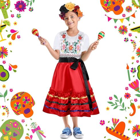 4 Pcs Mexican Traditional Costume Set Halloween Flamenco Dance Dress Face Tattoos Flower Crown Headband in Kuwait