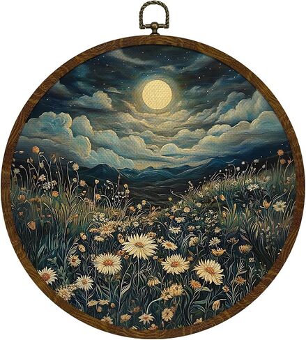 Moonlit Daisy Meadow Round Wall Art,10"x10" Romantic Nature Canvas Wall Hanging Decor with Frame, Rustic Night Landscape Wildflower Painting for Bedroom, Living Room, or Gift (FJ01) in Saudi Arabia