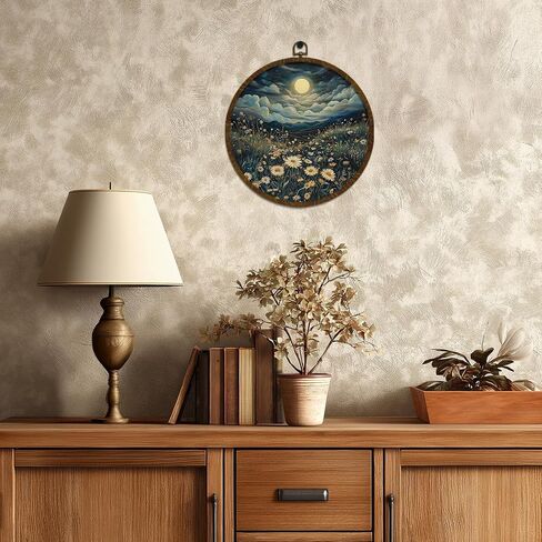 Moonlit Daisy Meadow Round Wall Art,10"x10" Romantic Nature Canvas Wall Hanging Decor with Frame, Rustic Night Landscape Wildflower Painting for Bedroom, Living Room, or Gift (FJ01) in Saudi Arabia